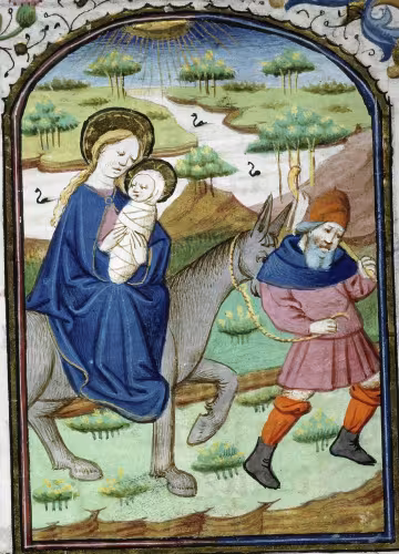 Enluminure montrant Marie et Jésus sur un âne et Joseph qui tire l'âne