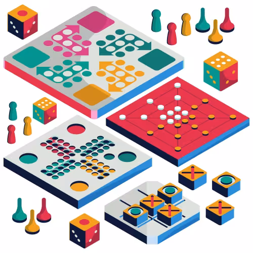 Dessin de jeux de société colorés en perspective isométrique.