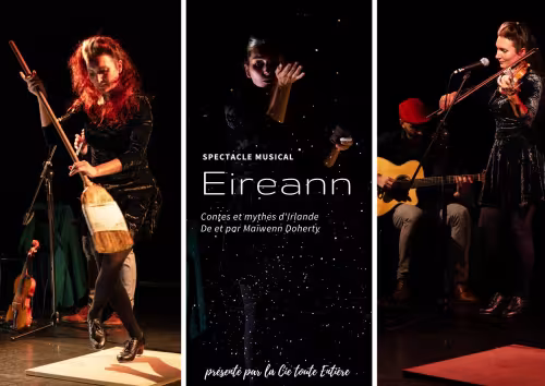 3 photos de l'artiste sur scène, dansant avec un balais ou jouant du violon 