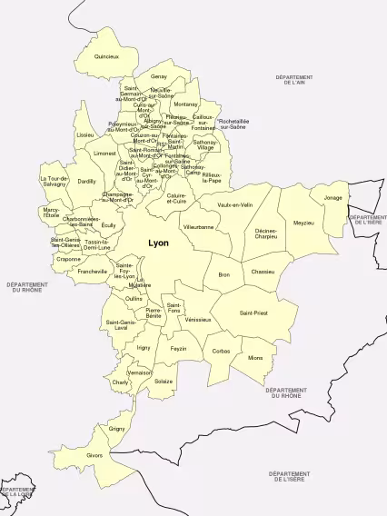 Carte des communes constituant la métropole de Lyon