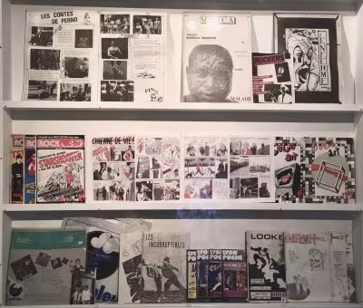 Photo représentant une vitrine de l'exposition, contenant différents fanzines lyonnais
