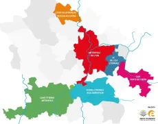 Carte émanant de l'Agence d'urbanisme Lyon-Saint-Étienne présentant la Métropole de Lyon ainsi que celles de Saint-Étienne, de Vienne-Condrieu, la CAPI Portes de l'Isère, la Communauté de Communes de l'Est Lyonnais et la Communauté d'Agglomération de Villefranche-Beaujolais-Saône